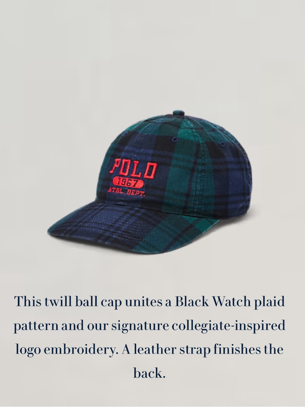 Polo Ralph Lauren Blackwatch Tartan Plaid Ball Cap Hat with Leather Strap NWT